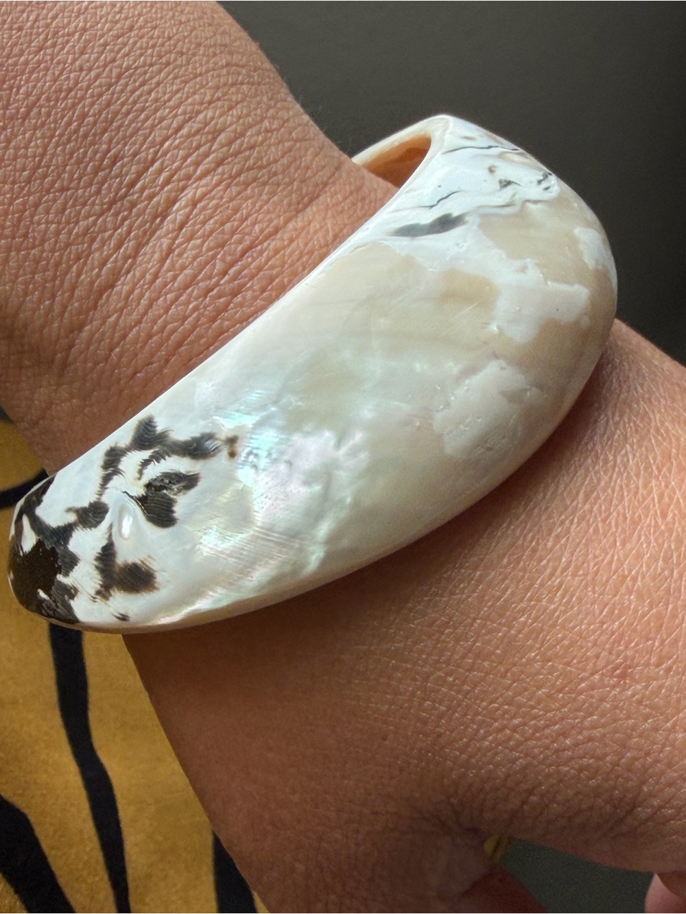 Carved Iridescent White Cream and Black Sea Shell Cuff Bracelet